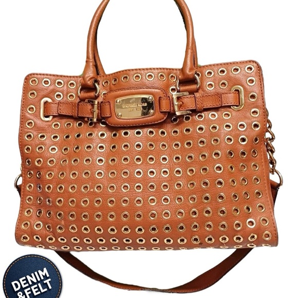 MICHAEL KORS HAMILTON GROMMET TAN/BROWN LEATHER SATCHEL SHOULDER HANDBAG | EUC🤎 - Picture 1 of 16